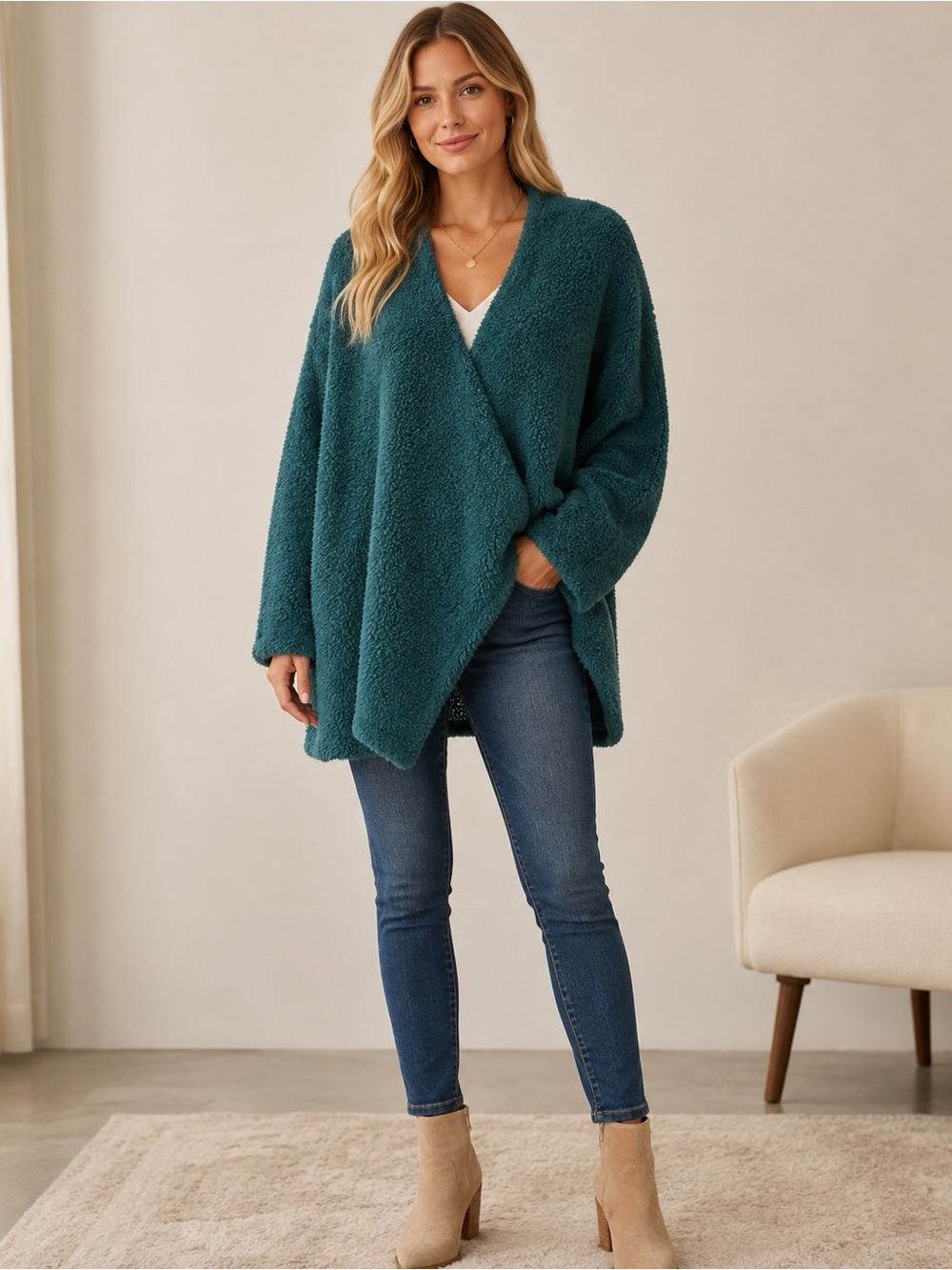 POL Cozy Teal Teddy Wrap Jacket - Women Size L
